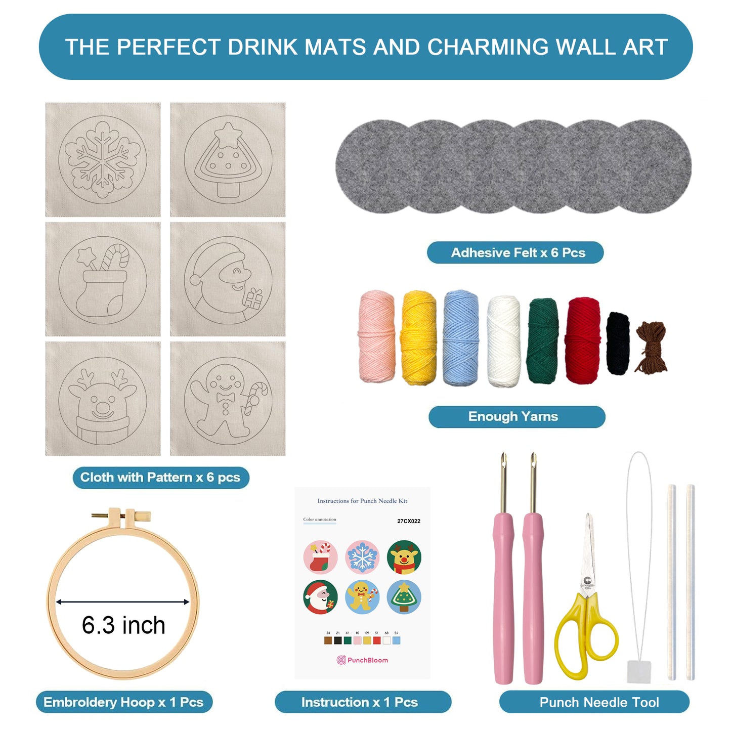 Christmas Style Punch Needle Coaster Kit  - 6PCS