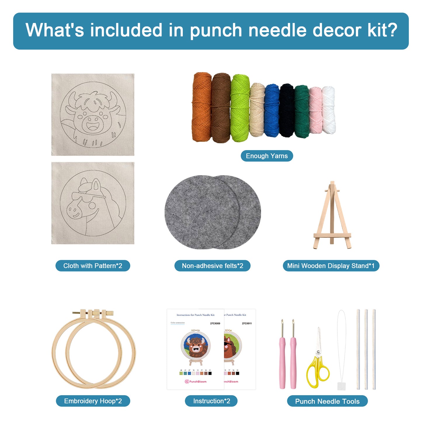 Cow and Horse -Punch Needle Decor Kit