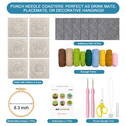 Succulent Plants Punch Needle Coaster Kit - 6PCS