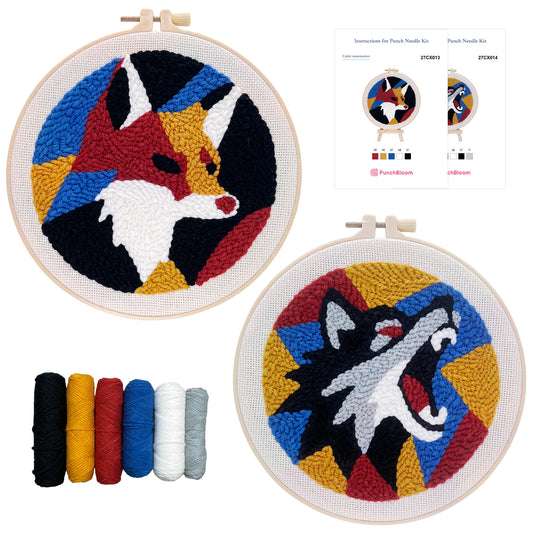 Colorful Fox & Wolf -Punch Needle Decor Kit