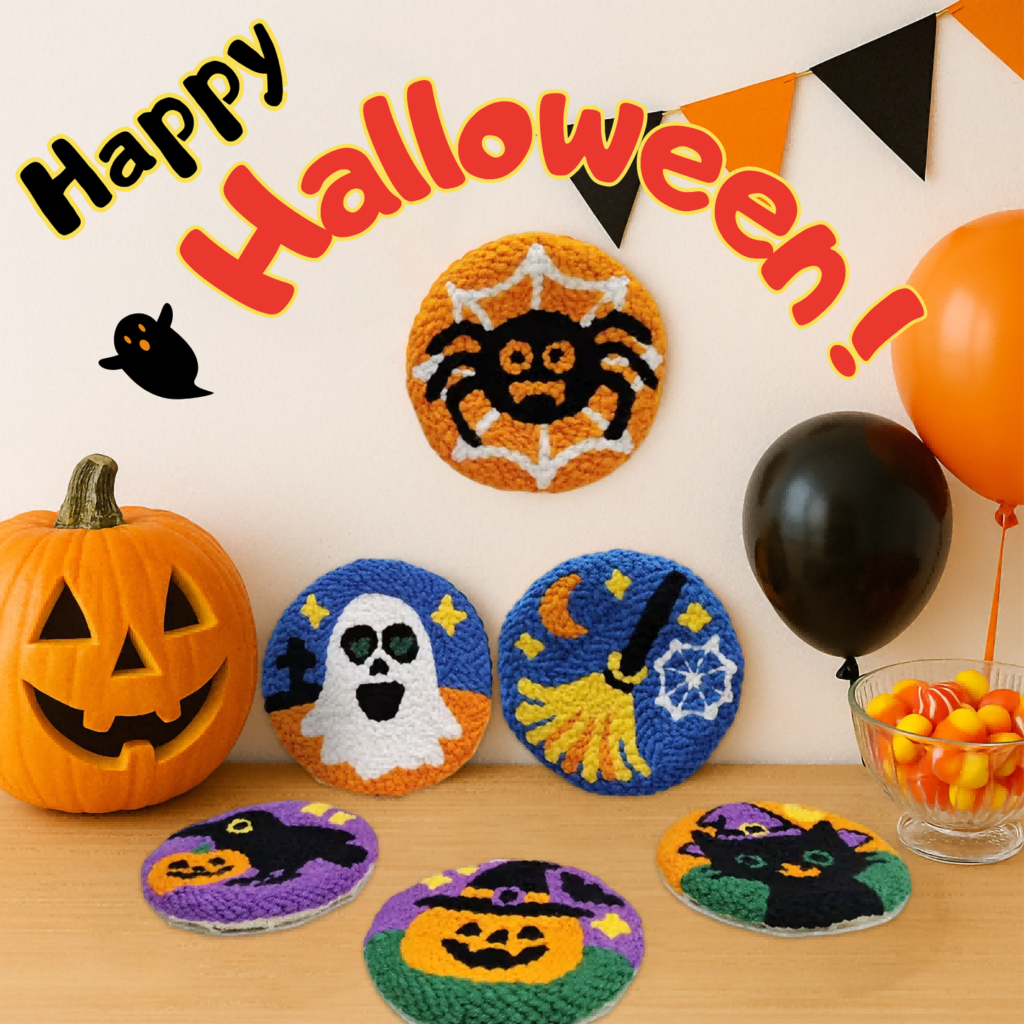Halloween Style Punch Needle Coaster Kit  - 6PCS
