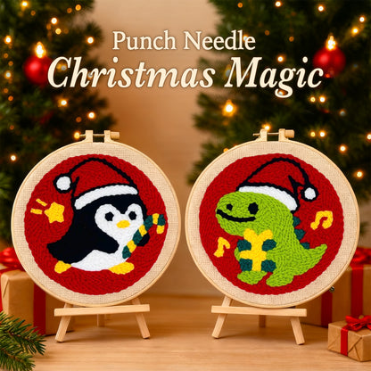 Dinosaur and Penguin -Punch Needle Decor Kit