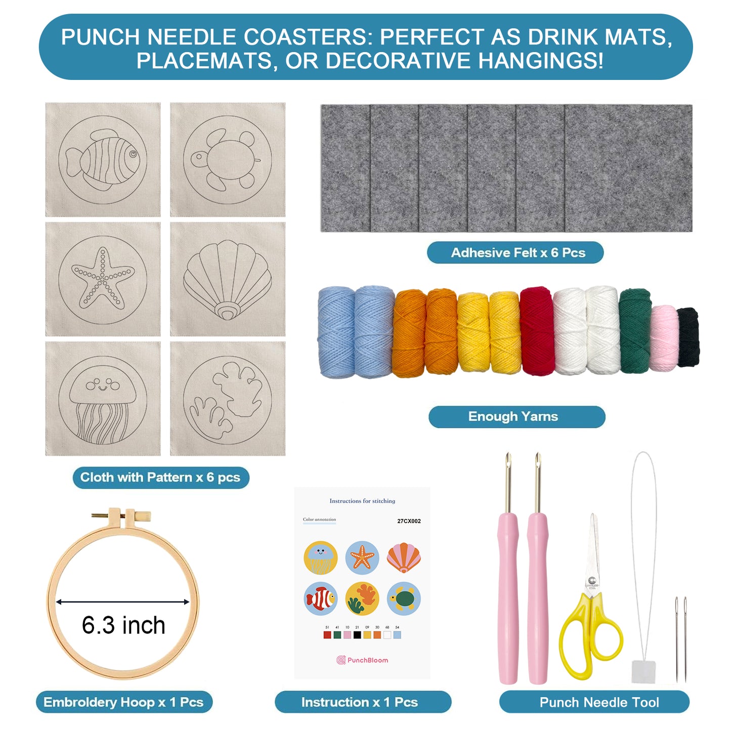 Ocean Punch Needle Coaster Kit - 6PCS