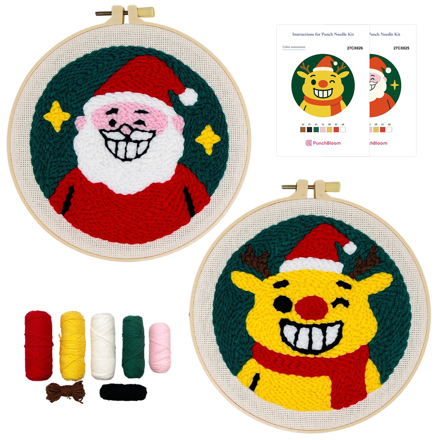 Santa Claus and Reindeer -Punch Needle Decor Kit