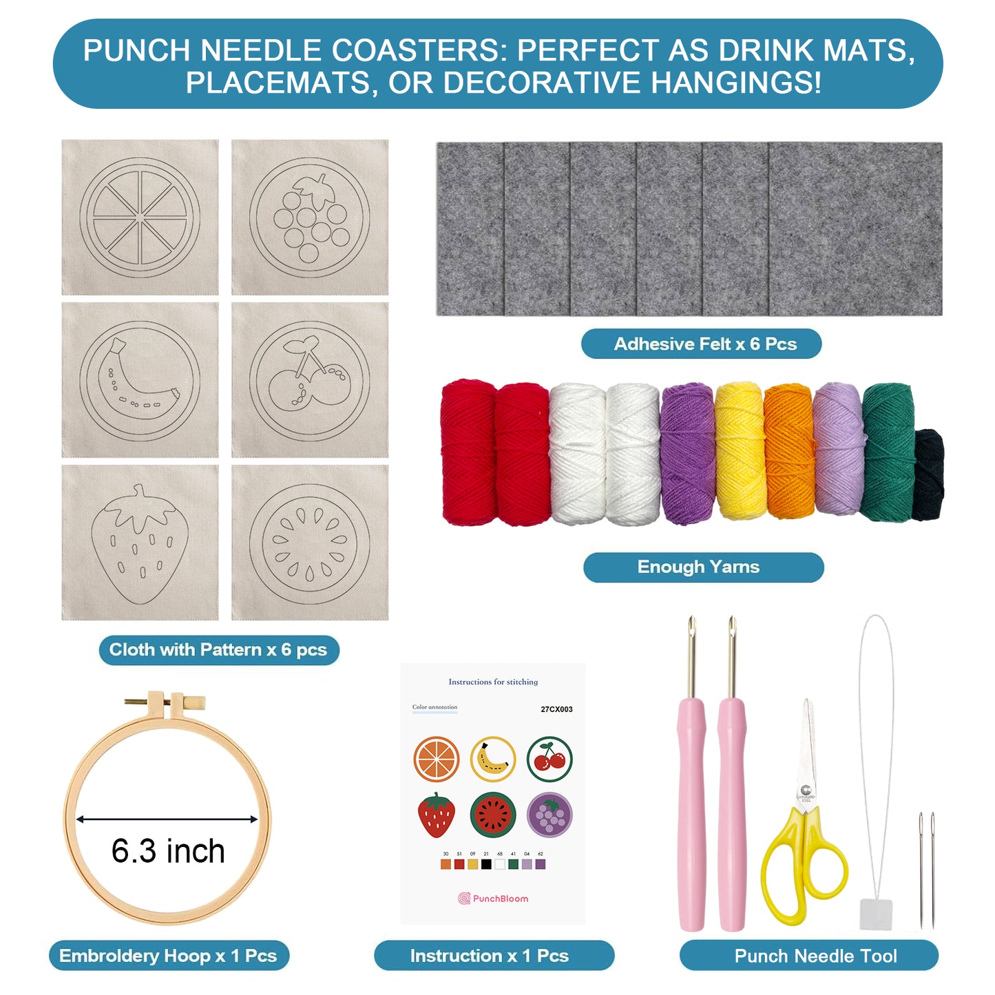 Fruits Punch Needle Coaster Kit - 6PCS