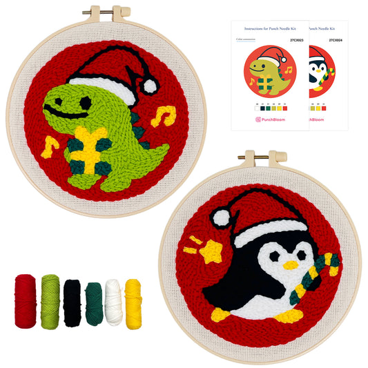 Dinosaur and Penguin -Punch Needle Decor Kit