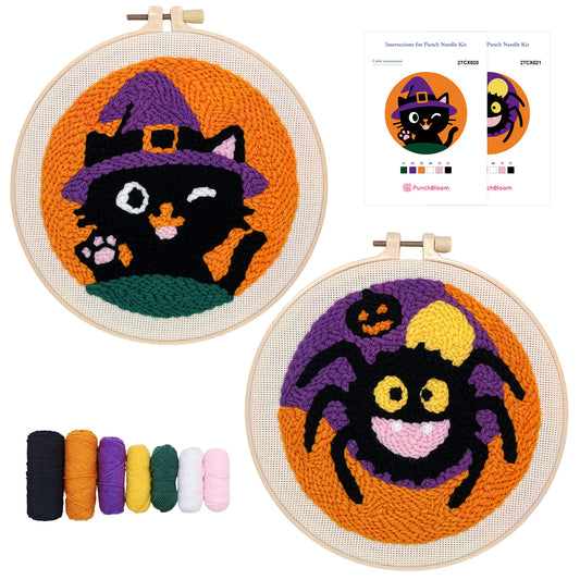 Halloween Spider and Wizard Cat -Punch Needle Decor Kit