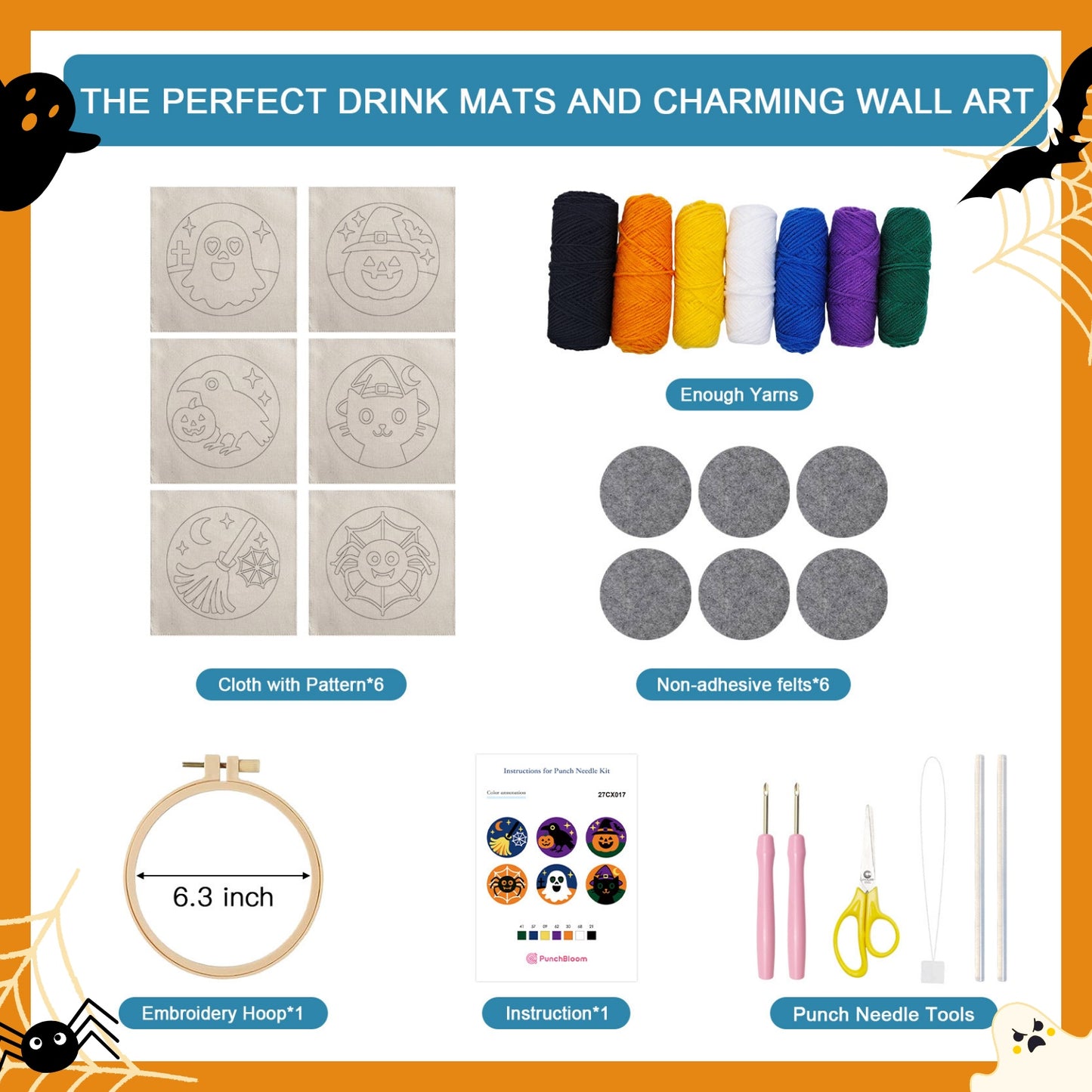 Halloween Style Punch Needle Coaster Kit  - 6PCS