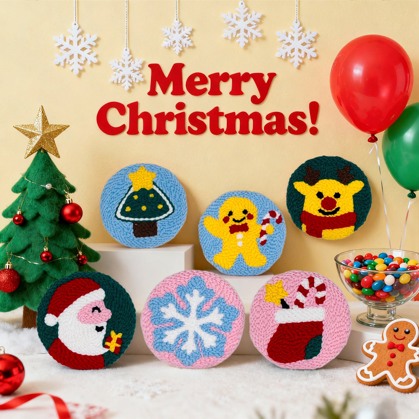 Christmas Style Punch Needle Coaster Kit  - 6PCS
