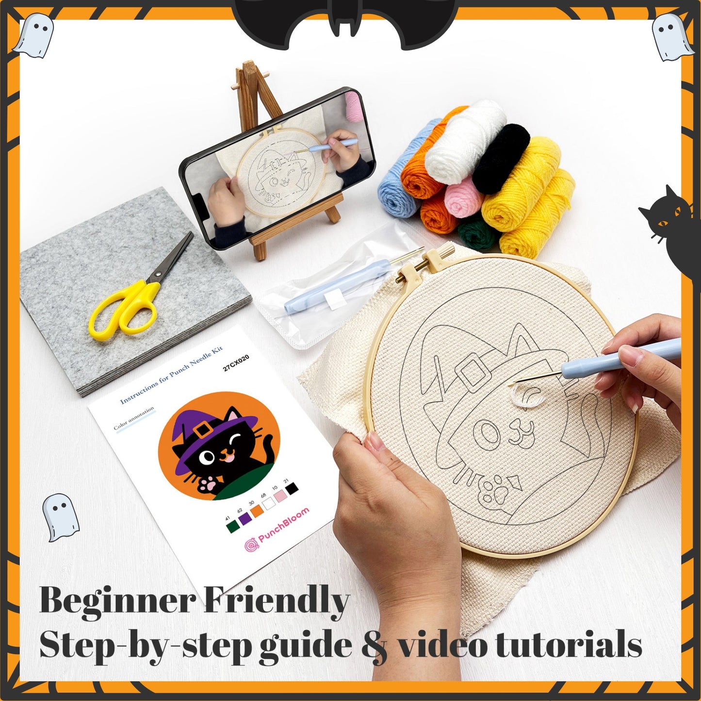 Halloween Spider and Wizard Cat -Punch Needle Decor Kit