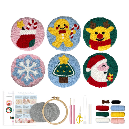 Christmas Style Punch Needle Coaster Kit  - 6PCS