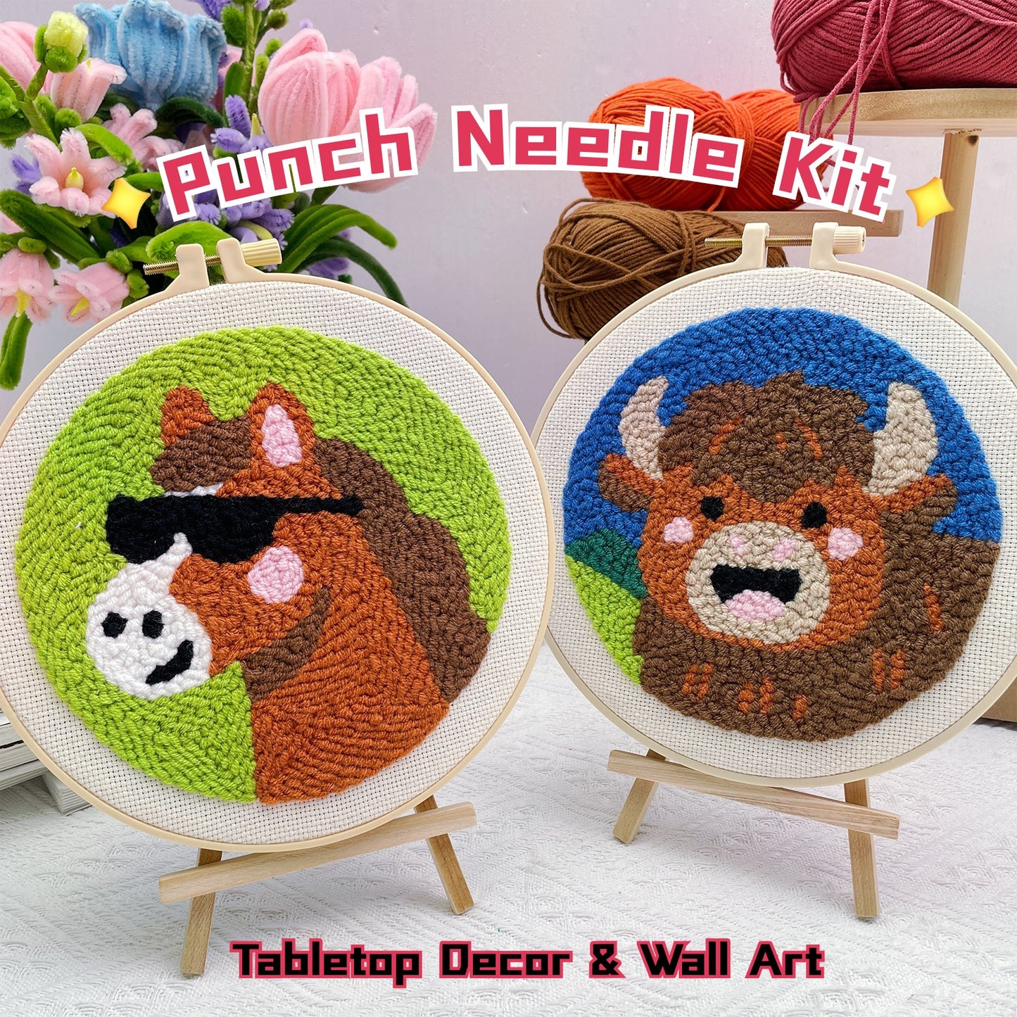 Cow and Horse -Punch Needle Decor Kit