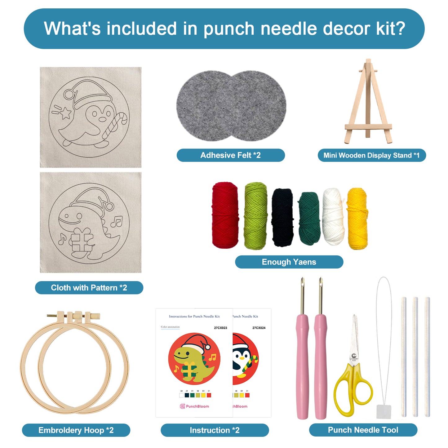 Dinosaur and Penguin -Punch Needle Decor Kit