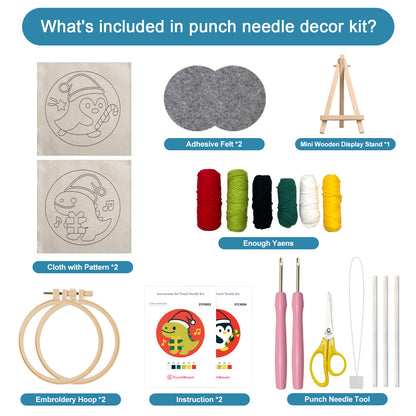 Dinosaur and Penguin -Punch Needle Decor Kit