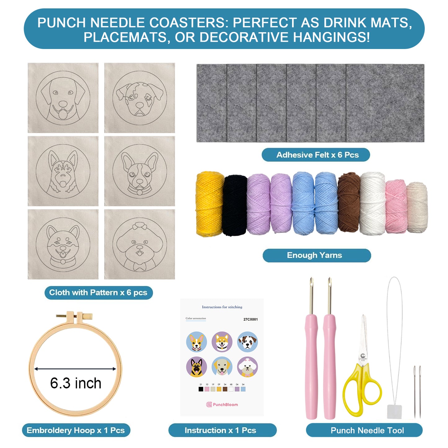 Dogs Punch Needle Coaster Kit - 6PCS